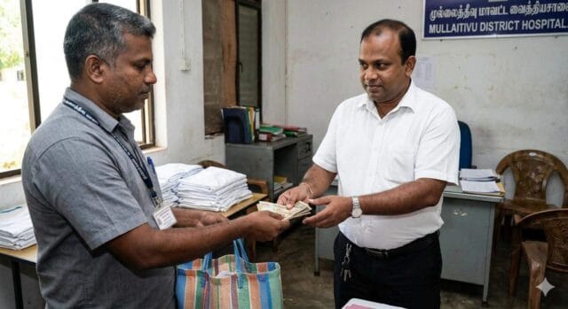 முல்லைத்தீவு வைத்தியசாலை எக்கவுண்டரே! படிச்சுப் பட்டம் பெற்ற நீ ஒரு சலவைத் தொழிலாளியிடம் லஞ்சம் பெறலாமா? நேற்று கைது செய்யப்பட்ட கணக்காளரின் விளையாட்டு இதோ!