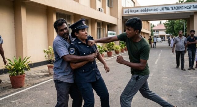 யாழ் போதனா வைத்தியசாலையில் பெரும் பரபரப்பு! பெண் பாதுகாப்பு உத்தியோகத்தரை ஒருவன் கட்டிப்பிடிக்க மற்றவன் முன் பகுதியில் தாக்கினான்!
