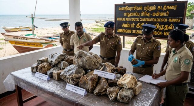 மன்னாரில் 67 கிலோவுக்கும் அதிகமான 50 கோடி ரூபா மதிப்புள்ள திமிங்கலத்தின் வாந்தி பறிமுதல்!